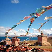 Tibetan prayer flags on a mountain top
